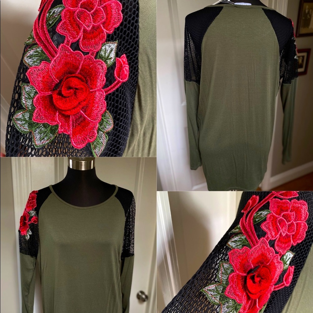 NWT army green with red rose appliqué